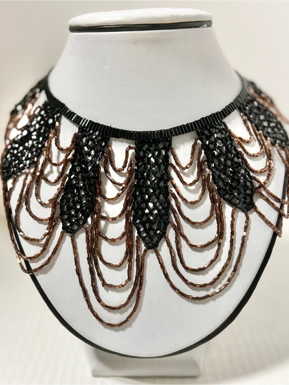 Handcrafted cascading seed beaded choker Black and Bronze Statement Necklace